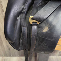 17 W *5.75" Black Country Eloquence Dressage Saddle, Black Country Black Cotton Cover, Lg Front Blocks, Front & Rear Gusset Panels, Wool Flocking, Flaps: 16"L x 11"W Serial #: 17 T 15290
