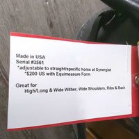 15" *adj- set 6" W/XW Endurance Saddle, Stirrups, 2 Hobble Straps, Mohair Girth, Equimeasure Form, Paperwork, Serial #3561 *adjustable to straight/specific horse at Synergist Saddles