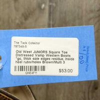 JUNIORS Square Toe Distressed Vamp Western Boots *gc, thick sole edges residue, inside heel rubs/holes