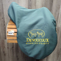 18" MW *5.25" Devoucoux Monoflap Dressage Saddle, Green Devoucoux Cover, Foam Panels, Lg Exterior Front Blocks, Flaps: 16"L x 11"W Serial #: 1171 07 18 3A PX410 PX315 PXLUZ