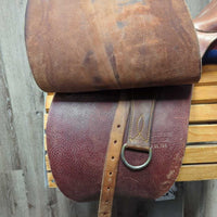 14 M *4" Syd Hill Leader Laureate Aussie Saddle, stirrup leathers, over girth, Narrow Aluminum Western Stirrups, 33" cotton string girth, Flaps: 18"L x 12"W Serial # 65764