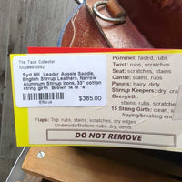 14 M *4" Syd Hill Leader Laureate Aussie Saddle, stirrup leathers, over girth, Narrow Aluminum Western Stirrups, 33" cotton string girth, Flaps: 18"L x 12"W Serial # 65764