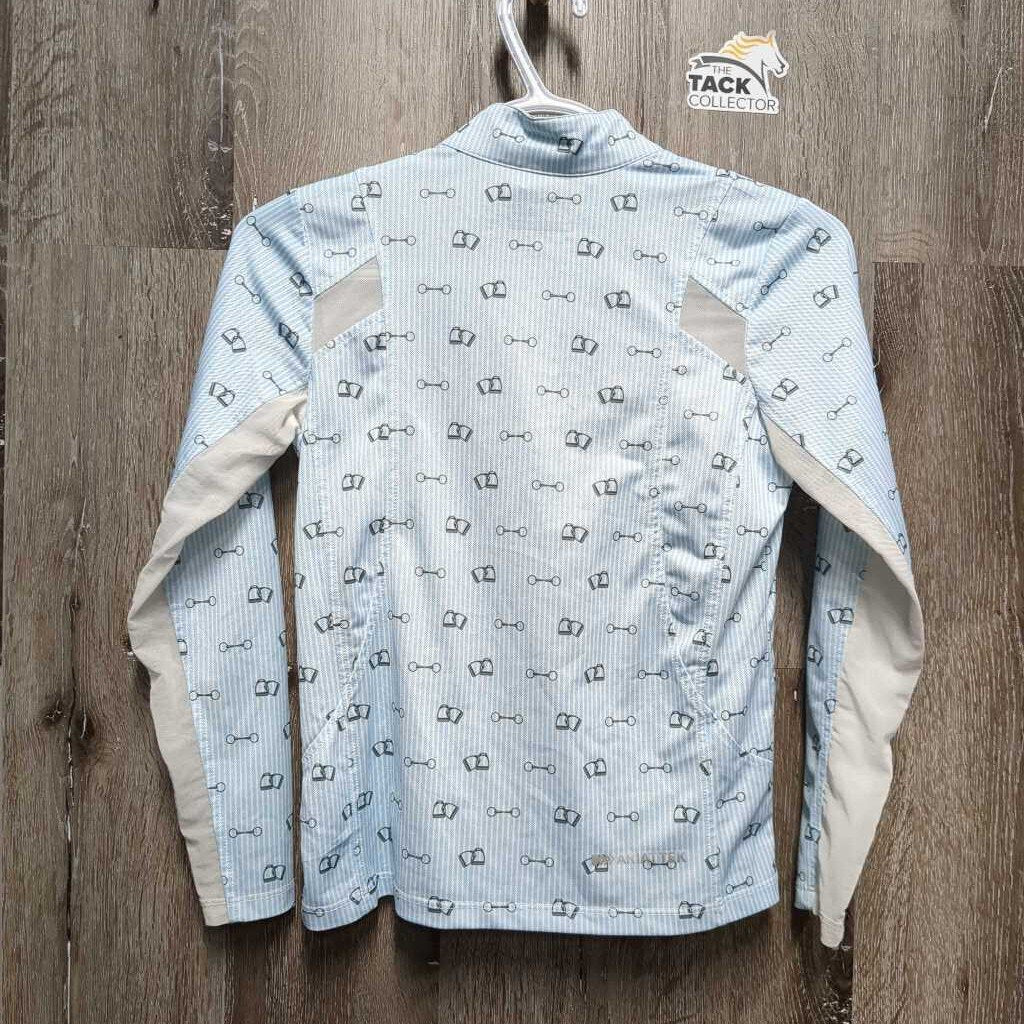 LS Sun Shirt, mesh sleeves, 1/4 Zip Up *gc, stains, threads, puckered