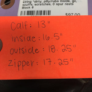 Pr Field Boots, zips, hvy string *dirty, pilly/rubs inside, gc, scuffs, scratches, 0 rests, BROKEN Rt Zip