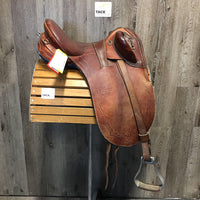 14 M *4" Syd Hill Leader Laureate Aussie Saddle, stirrup leathers, over girth, Narrow Aluminum Western Stirrups, 33" cotton string girth, Flaps: 18"L x 12"W Serial # 65764