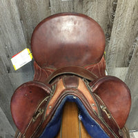 14 M *4" Syd Hill Leader Laureate Aussie Saddle, stirrup leathers, over girth, Narrow Aluminum Western Stirrups, 33" cotton string girth, Flaps: 18"L x 12"W Serial # 65764
