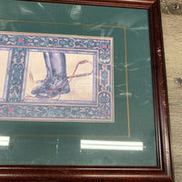 Pr "Hunt Scene" Watercolor Prints, Matted, Wood Frame *torn back paper, gc, older, dirty, v.scratched
