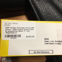 17 *Adj *Red/Wide In HDR Parisan Dressage, Green HDR Cover, 1 Billet Guard, Green *Med Gullet, Allen Key, Green & Clear Bags, Xlg Exterior Blocks, Front & Back Gusset Panels, Wool Flocking, Flaps:17"L x 12"W Serial #: 17 20-21/17 1 24197-R04C
