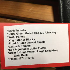 17 *Adj *Red/Wide In HDR Parisan Dressage, Green HDR Cover, 1 Billet Guard, Green *Med Gullet, Allen Key, Green & Clear Bags, Xlg Exterior Blocks, Front & Back Gusset Panels, Wool Flocking, Flaps:17"L x 12"W Serial #: 17 20-21/17 1 24197-R04C