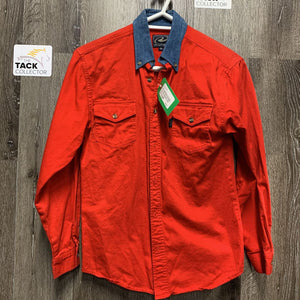 JUNIOR BOYS LS Western Hvy Cotton & Denim Shirt, Buttons *vgc, older, seam puckers, loose hole threads