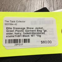 Dressage Show Jacket, Green Plastic Garment Bag *gc, older, hairy, faded/discolored, stains?/dirt
