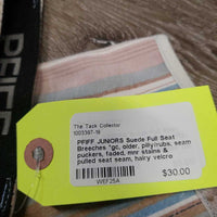 JUNIORS Suede Full Seat Breeches *gc, older, pilly/rubs, seam puckers, faded, mnr stains & pulled seat seam, hairy velcro
