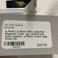 LS Show Shirt, attached Magnetic Collar *gc, stained pits, seam puckers, crinkled, curled edge

