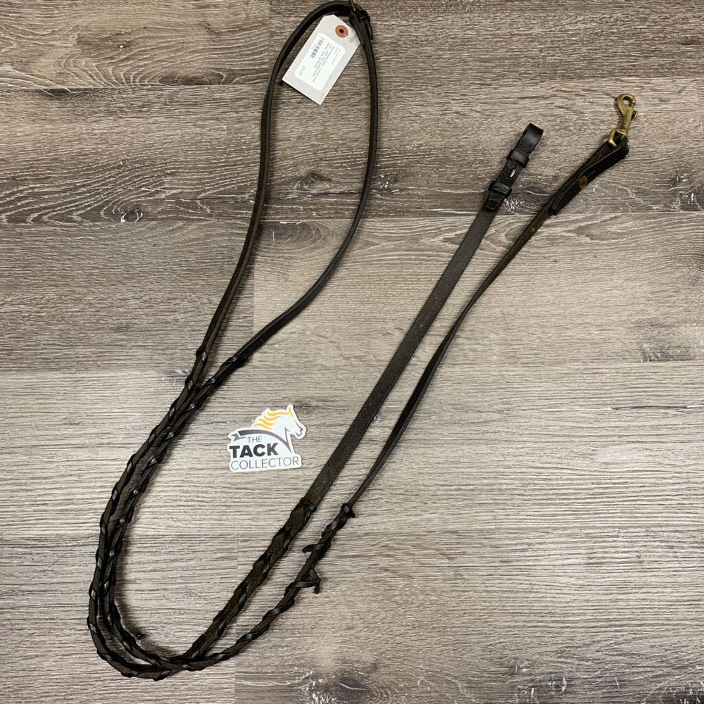 Thick Braided Reins, 1 brass snap *fair, clean, stiff, broken laces, repairs, hairy