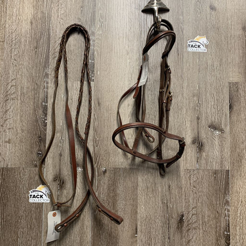 Rsd Narrow Bridle, Braided Reins *gc, stiff, dry, creases, scraped edges, snug keepers, rough back, twists