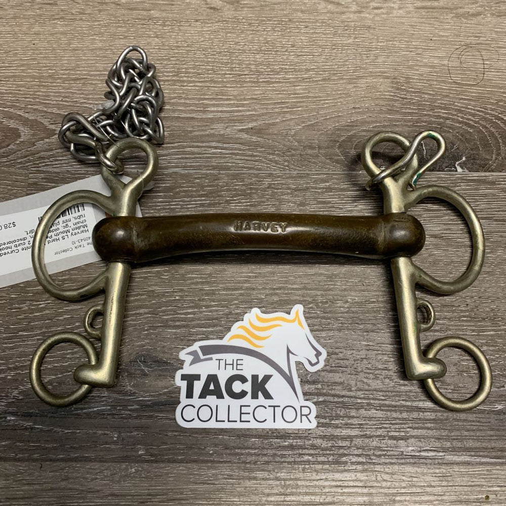 LS Hard Vulcanite Curved Mullen Mouth Pelham, 2 curb hooks, chain *gc, older, clean, discolored, rubs, mnr plating & dirt, chews/scratches, stains