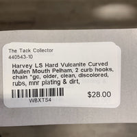 LS Hard Vulcanite Curved Mullen Mouth Pelham, 2 curb hooks, chain *gc, older, clean, discolored, rubs, mnr plating & dirt, chews/scratches, stains
