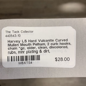 LS Hard Vulcanite Curved Mullen Mouth Pelham, 2 curb hooks, chain *gc, older, clean, discolored, rubs, mnr plating & dirt, chews/scratches, stains