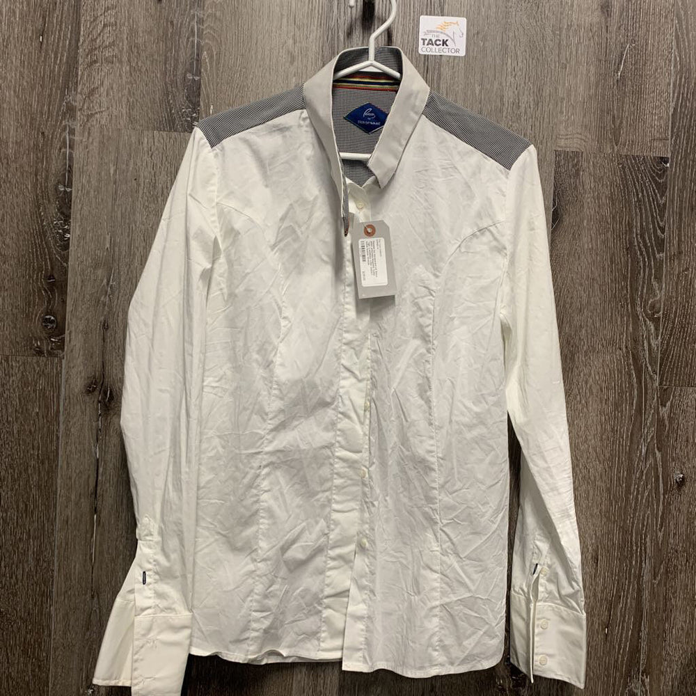 LS Show Shirt, attached Magnetic Collar *vgc, v.wrinkled, v.mnr stains?, loose button threads