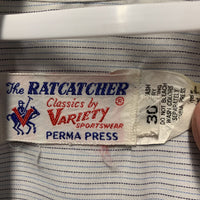 LS Show Shirt, 1 Velcro collar *gc, clean, stains, threads, older, seam puckers, loose button threads
