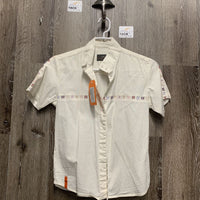 SS Show Shirt, attached button collar *older, gc, folded collar, seam puckers, crinkled, dingy
