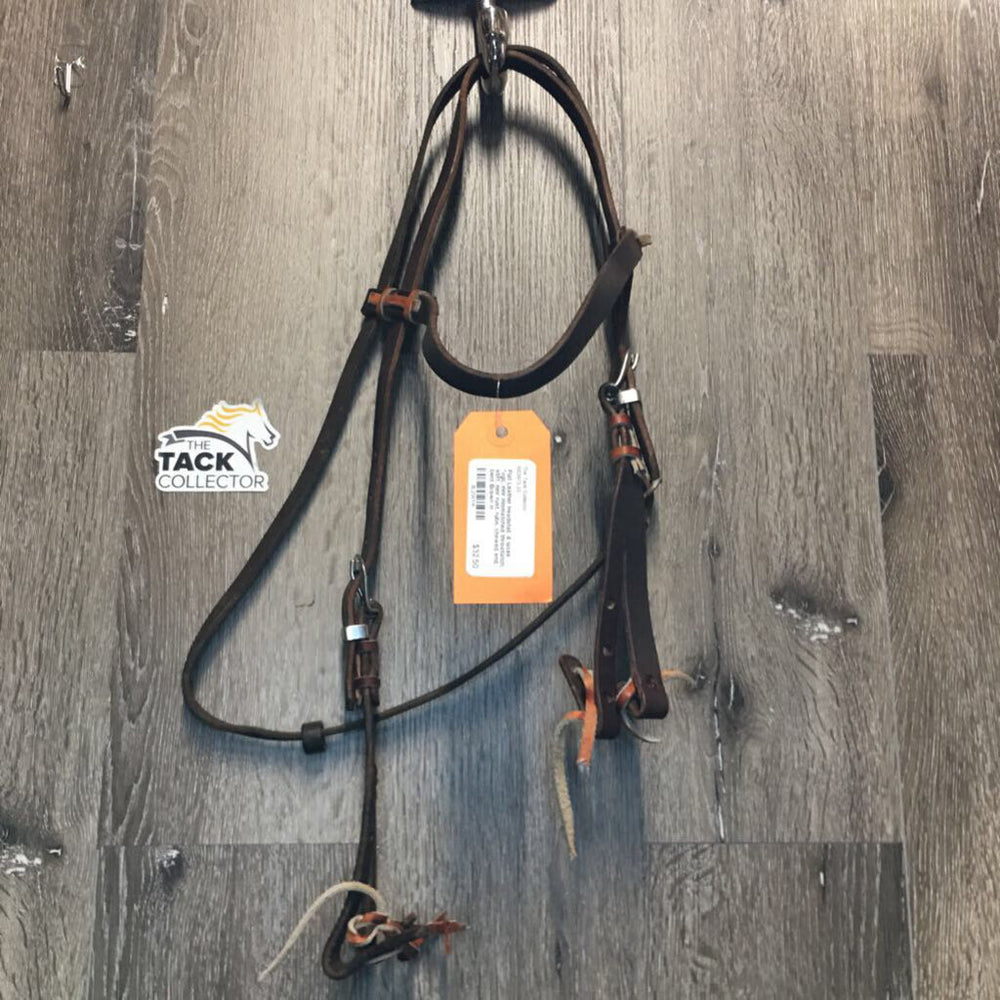 Flat Leather Headstall, 4 laces *vgc, mnr mismatched throatlatch, stiff, mnr rust, rubs, chewed end, bent