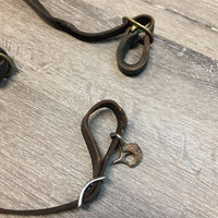 Thick Leather Piece, 2 Buckles, 2 Conways, 2 snaps Harness? Pack Strap? Crupper attachment? *fair, dirty, stiff, twisted, rough edges, dry, stiff, film
