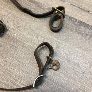 Thick Leather Piece, 2 Buckles, 2 Conways, 2 snaps Harness? Pack Strap? Crupper attachment? *fair, dirty, stiff, twisted, rough edges, dry, stiff, film