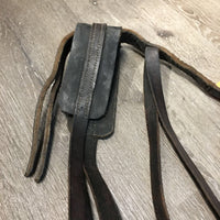 Thick Leather Piece, 2 Buckles, 2 Conways, 2 snaps Harness? Pack Strap? Crupper attachment? *fair, dirty, stiff, twisted, rough edges, dry, stiff, film
