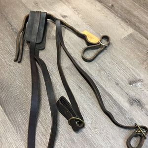 Thick Leather Piece, 2 Buckles, 2 Conways, 2 snaps Harness? Pack Strap? Crupper attachment? *fair, dirty, stiff, twisted, rough edges, dry, stiff, film