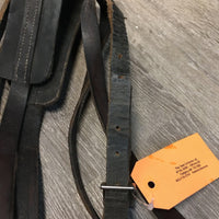 Thick Leather Piece, 2 Buckles, 2 Conways, 2 snaps Harness? Pack Strap? Crupper attachment? *fair, dirty, stiff, twisted, rough edges, dry, stiff, film
