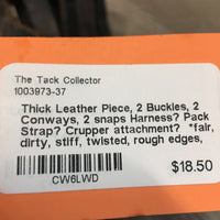 Thick Leather Piece, 2 Buckles, 2 Conways, 2 snaps Harness? Pack Strap? Crupper attachment? *fair, dirty, stiff, twisted, rough edges, dry, stiff, film
