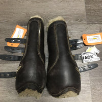 Pr Open Front Boots, tabs, removeable Sheepskin Liners *older, elastic RIP, dirty, scrapes, scuffs, hair
