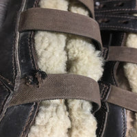 Pr Open Front Boots, tabs, removeable Sheepskin Liners *older, elastic RIP, dirty, scrapes, scuffs, hair
