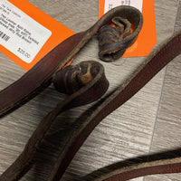 Pr Thin Leather Split Reins, twist/loop ends *gc, stiff, twisted, dry, chewed, dirty
