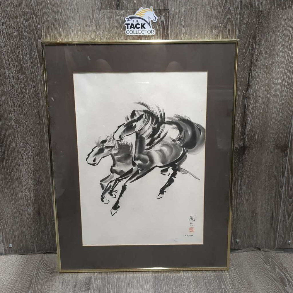 Brushwork Horse Painting by Whitney, Metal Frame & matted *vgc, dusty, discolored mat, film, scratches