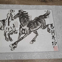 Cloth Brushwork Running Horses Roll up Scroll, 2 strings *vgc, loose nail, peeling paper ends
