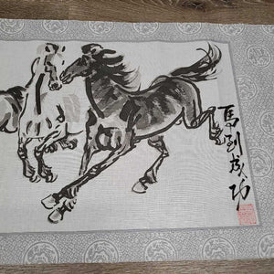 Cloth Brushwork Running Horses Roll up Scroll, 2 strings *vgc, loose nail, peeling paper ends