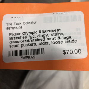 Euroseat Breeches *gc, dingy, stains, discolored/stained seat & legs, seam puckers, older, loose inside threads
