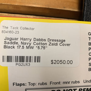 17.5 MW *5.75" Jaguar Harry Dabbs Dressage Saddle, Navy Cotton Zaldi Cover, XLg Front Blocks, Wool Flocking, Flaps: 16"L x 12"W Serial #: 07267 02063018