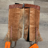 Pr Suede Half Chaps, buckle bottom, velcro top & sides *gc, older, discolored, stains, faded, rubs, v.hairy velcro