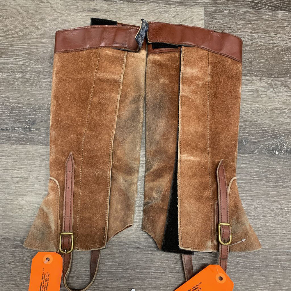 Pr Suede Half Chaps, buckle bottom, velcro top & sides *gc, older, discolored, stains, faded, rubs, v.hairy velcro