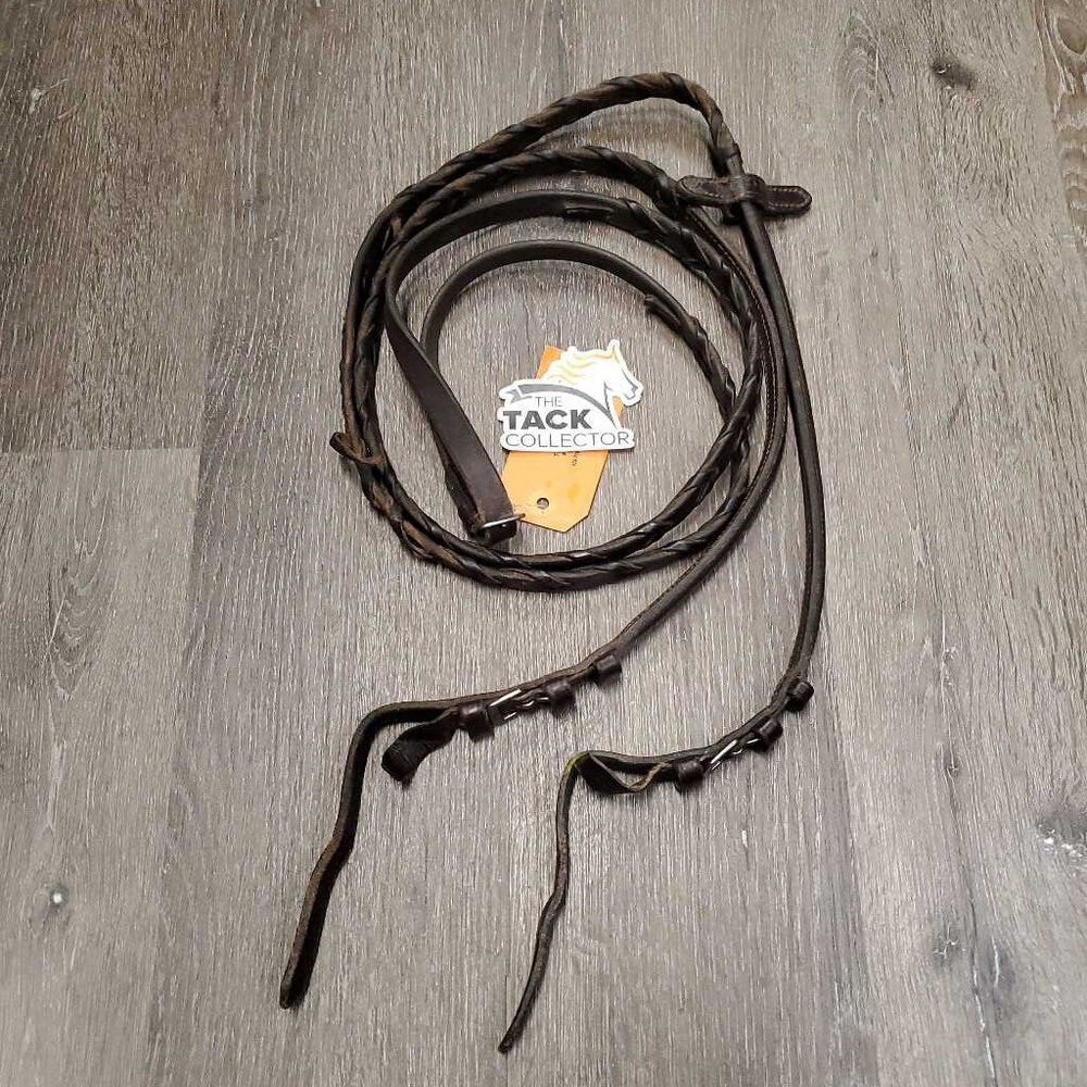 Rsd Leather Braided Reins, buckles, 1 stopper *fair, older, broken lace, soap, scraped edges, crackles/cracks, rubs, dirty