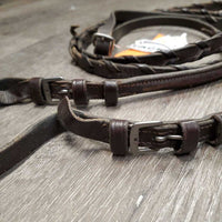 Rsd Leather Braided Reins, buckles, 1 stopper *fair, older, broken lace, soap, scraped edges, crackles/cracks, rubs, dirty

