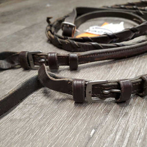 Rsd Leather Braided Reins, buckles, 1 stopper *fair, older, broken lace, soap, scraped edges, crackles/cracks, rubs, dirty
