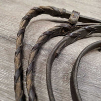 Rsd Leather Braided Reins, buckles, 1 stopper *fair, older, broken lace, soap, scraped edges, crackles/cracks, rubs, dirty
