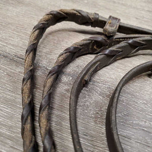 Rsd Leather Braided Reins, buckles, 1 stopper *fair, older, broken lace, soap, scraped edges, crackles/cracks, rubs, dirty
