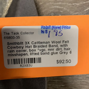 3X Cattleman Wool Felt Cowboy Hat Braided Band, with rain cover, box *vgc, mnr dirt, hair, misshapen, lifted band glue