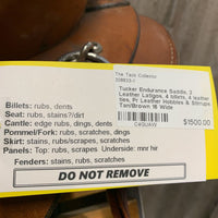 16" *1/Med (high wither/Wide ribs)Tucker Endurance Saddle, 2 Leather Latigos, 4 billets, 4 leather ties, Pr Leather Hobbles & Stirrups, Wool Felt Panels, Angled Rear Billet, Adjustable Position In-Skirt Rigging Serial: 159-540-7134-21 20134111