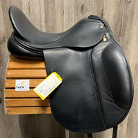 18" MW *5.5" Frank Baines Dressage Saddle, Blue Cotton Frank Baines Cover, Lg Front Blocks, Wool Flocking, Rear Gusset Panels, Flaps: 16.5"L x 14"W Serial # 18 MW 12288
